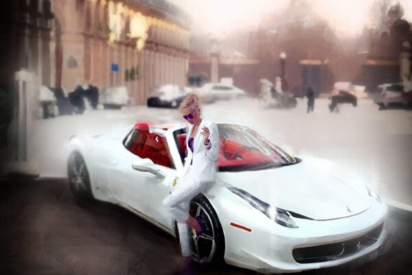 The girl in white at the white Ferrari