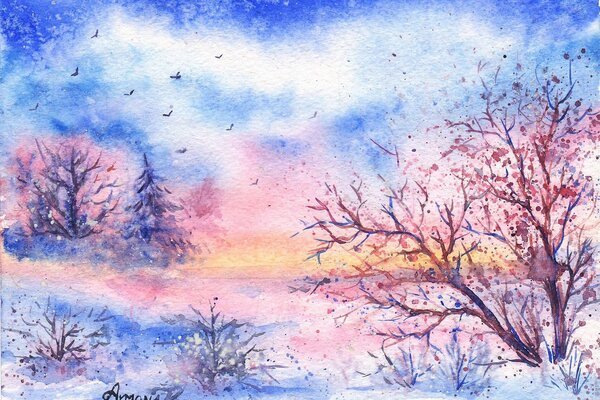 Paysage peint aquarelle hiver