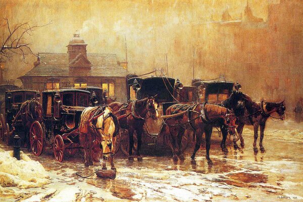 Horse-drawn carriages on a slushy evening