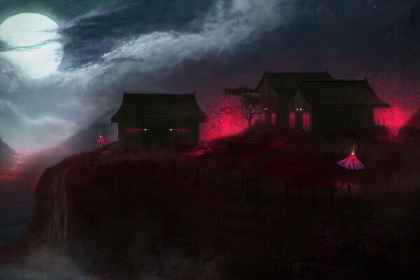 Casas en el fondo del cielo de lava y la Luna llena