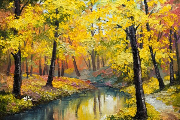 River in the autumn forest oil painting