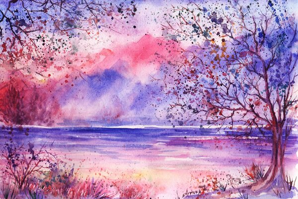 Paysage aquarelle de la rivière d automne près de la forêt, tout en rose et violet