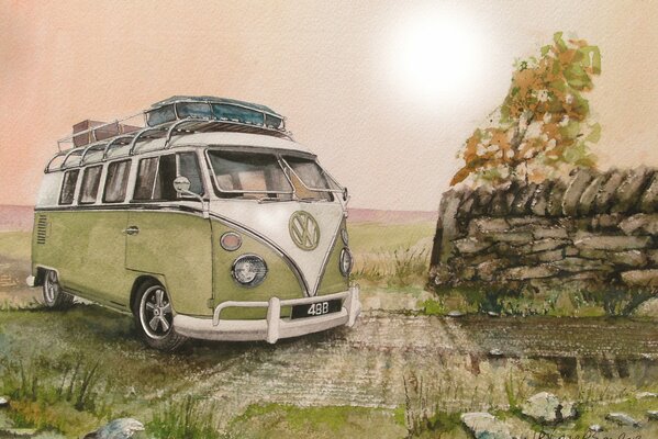 Volkswagen minibus in the vastness of nature