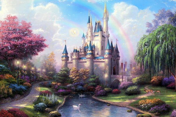 A fairy tale castle surrounded by a rainbow and a bright landscape