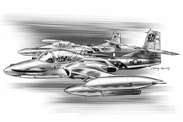 Drawing of an A-37 attack aircraft in pencil