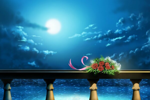 Bouquet on the railing in the moonlight