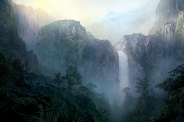 Mountain waterfall at dawn