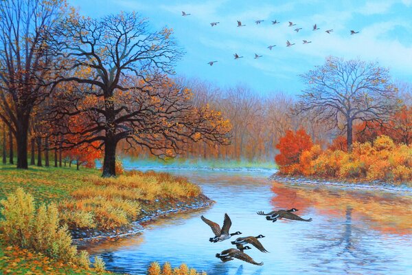 A picture of an autumn landscape with a river and birds