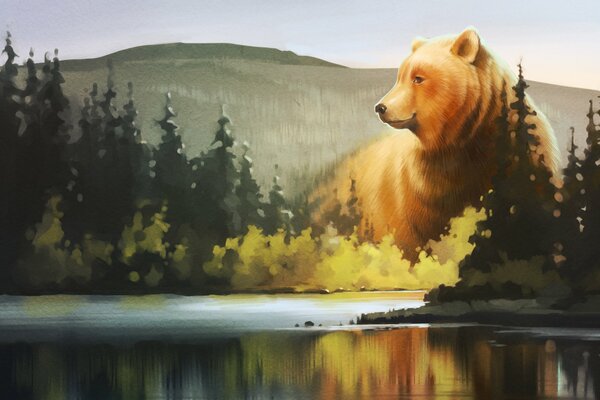 A huge bear stands over a lake and a forest