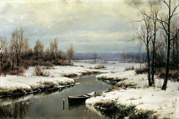 Paisaje pintoresco del río, barco en el muelle, hierba amarillenta cubierta de nieve