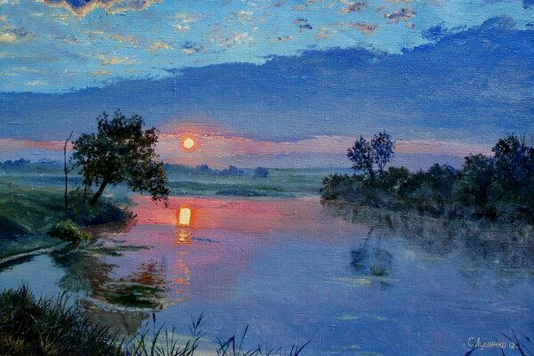 Peinture paysage Loutsenko au coucher du soleil