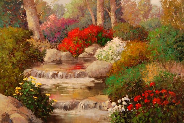 A small waterfall, a stream surrounding flowering bushes, red, white, yellow and pink flowers