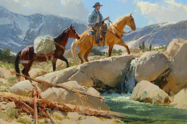 A cowboy rides a horse past the river, and the mountains are waiting for him