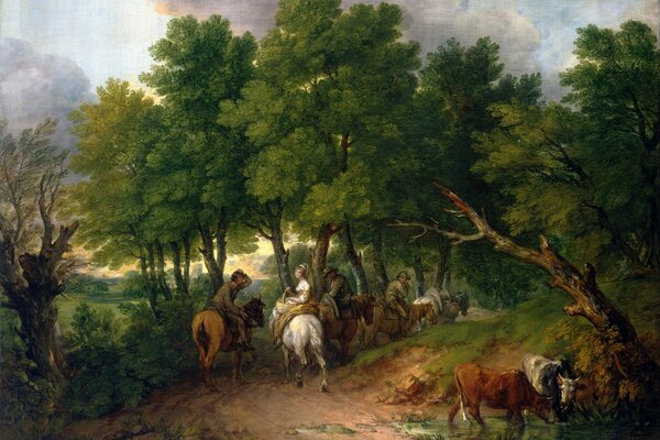 People, horses and cows on the road among the trees