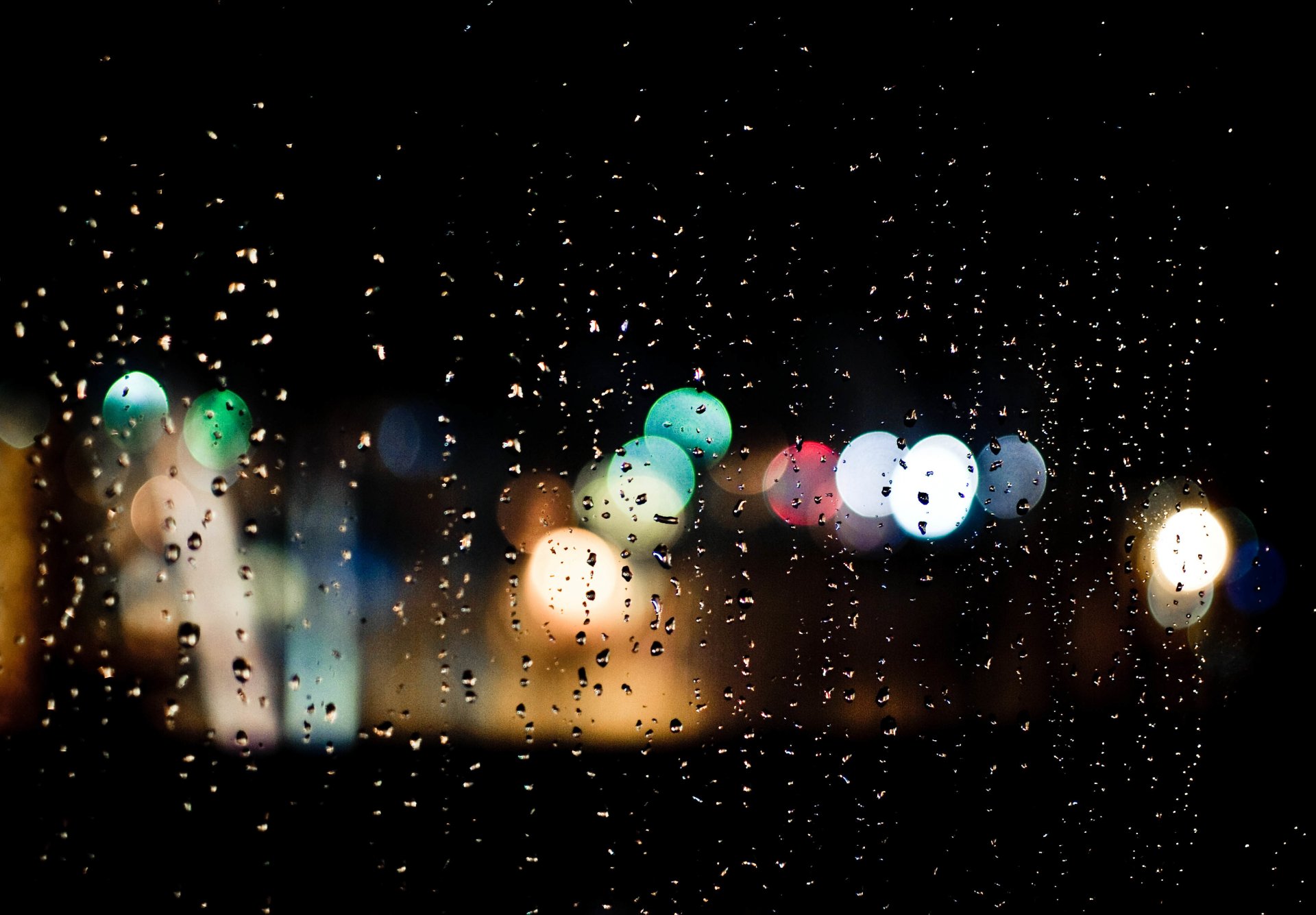 night rain drops glass lights bokeh