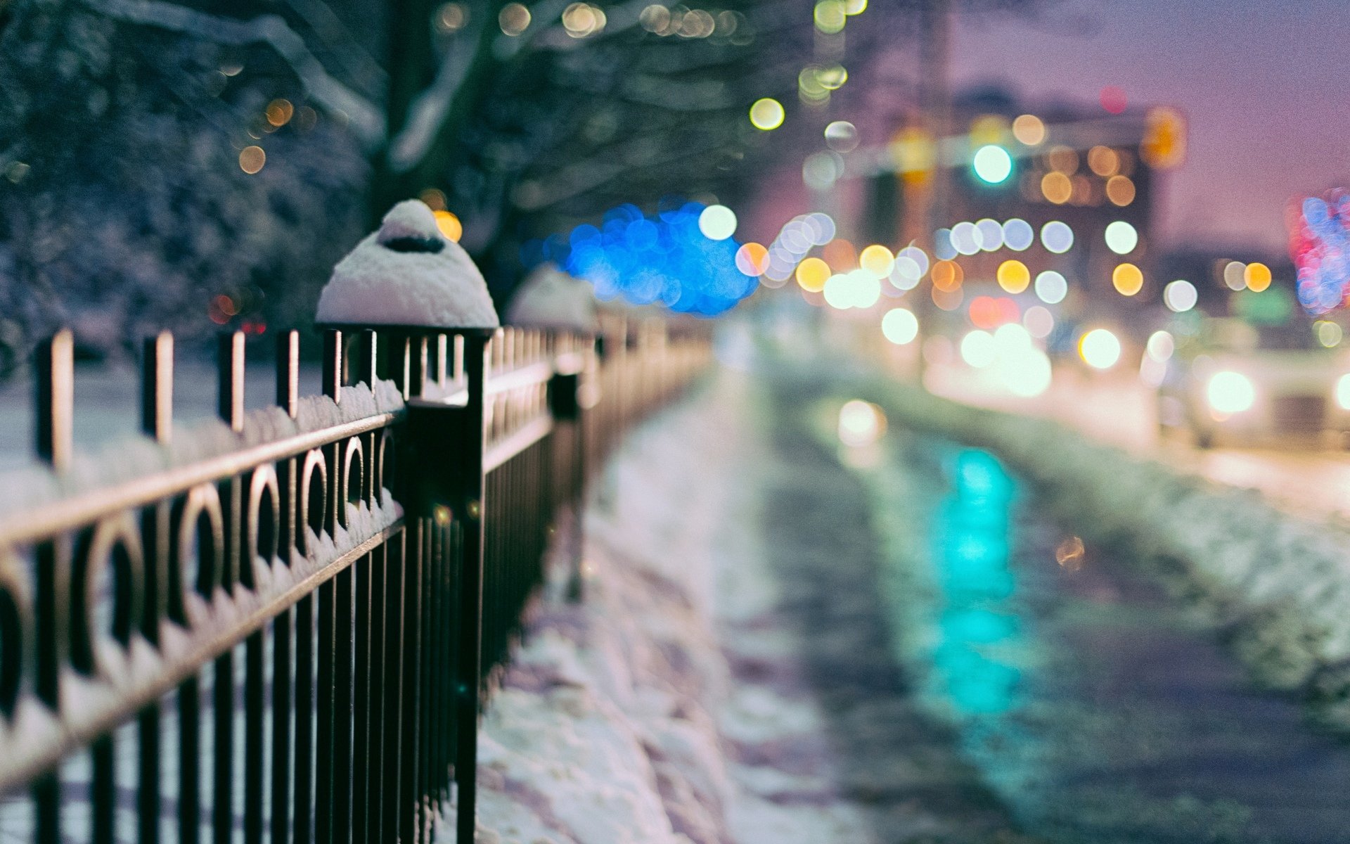 macro fence gate fence snow winter city lights blur trees bokeh macro winter background wallpaper widescreen fullscreen widescreen