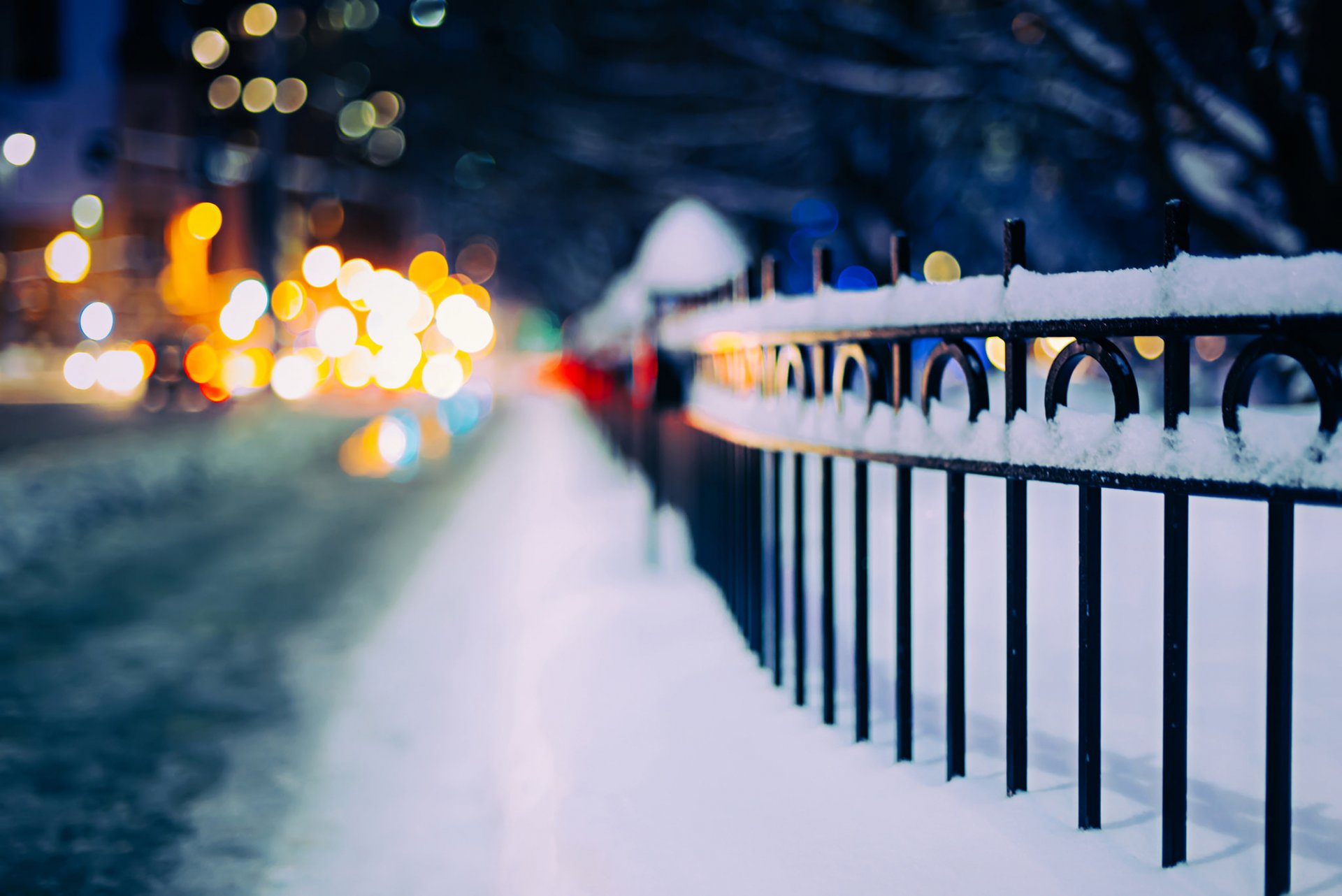 fence fence snow winter road lights bokeh night