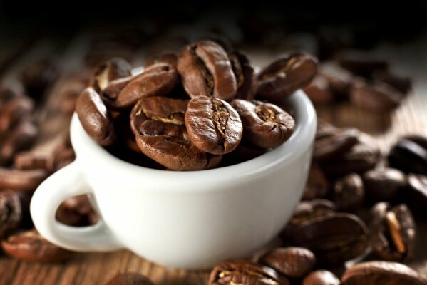 Coffee beans in a white cup