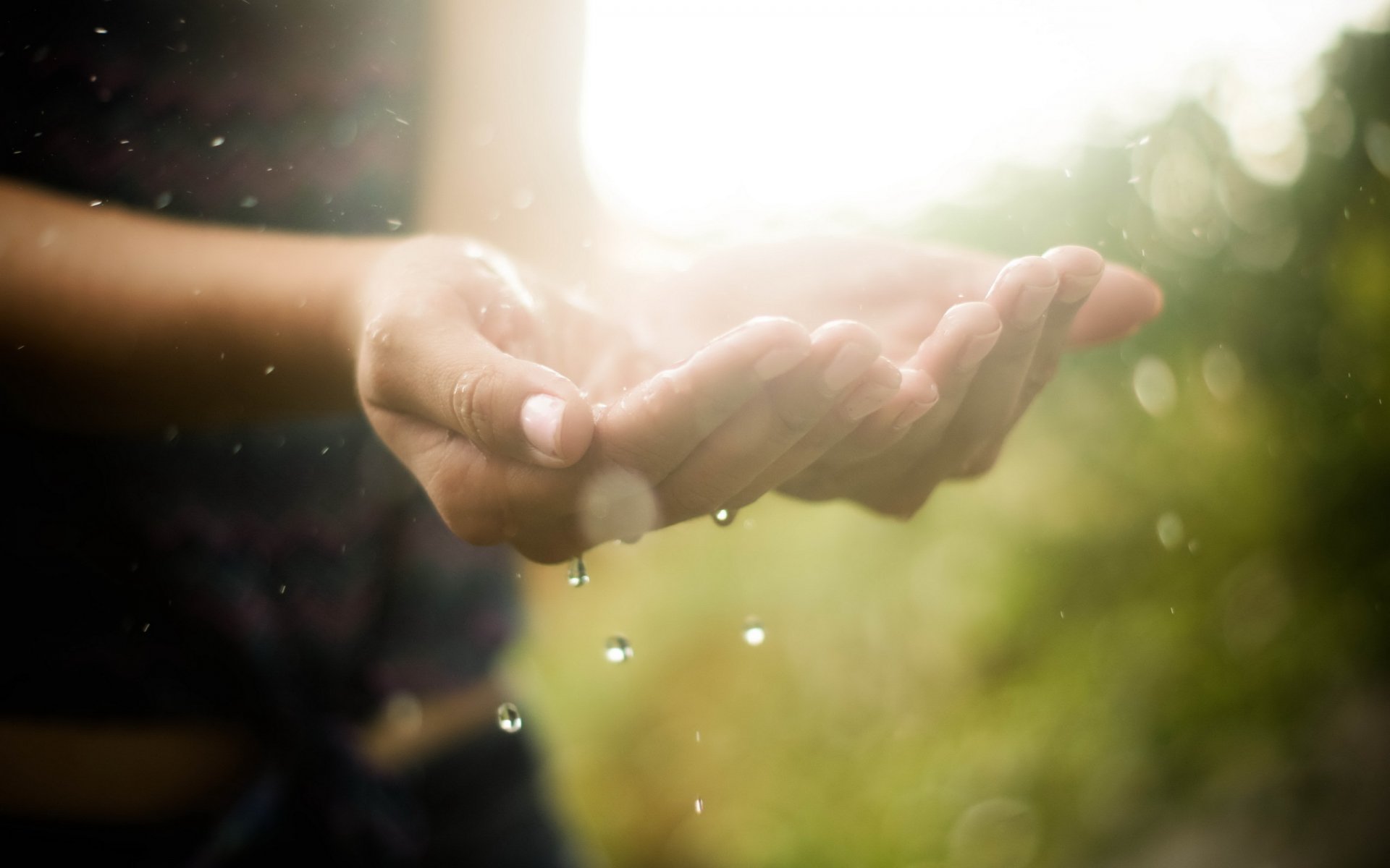 hands water drops light close up