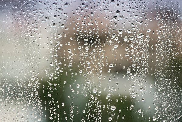 Glass with drops in rainy weather