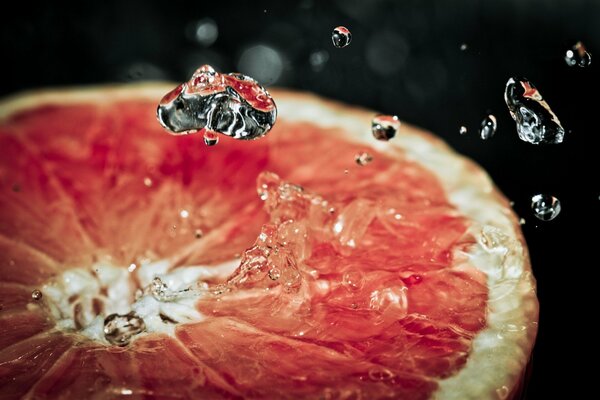 Makrobild von Wassertropfen auf Grapefruit