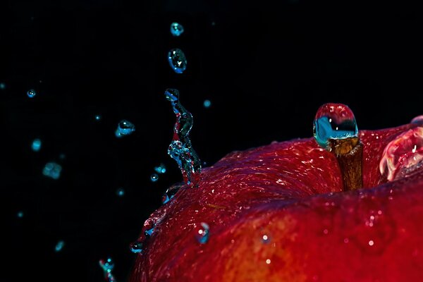 Gouttes d eau se brisent sur la pomme rouge