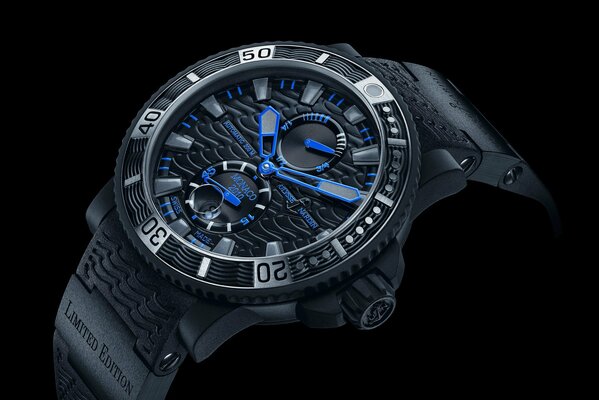 Black wristwatch with blue dial