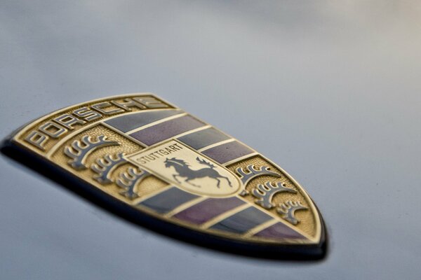 A shield with a horse. Porsche logo on the hood