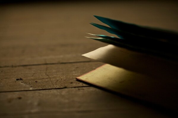 An open book. Sheets of paper on the wooden floor