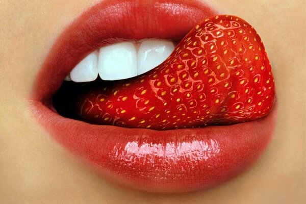 Strawberry tongue licks lips