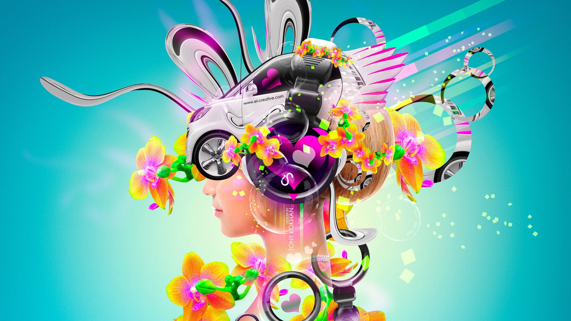 toni kohan girl el toni girls music dj car smart electro flowers plastic light fantasy multicolors neon abstract style headphones el toni wallpaper photoshop blonde side view auto with