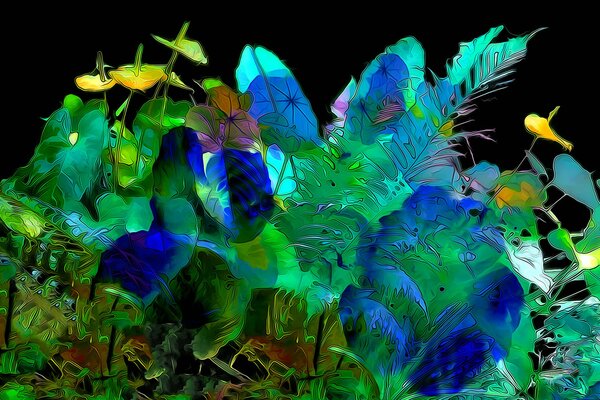 Bright exotic plants on a black background look magical