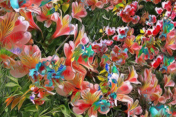 Jardín lleno de flores, con diferentes pétalos y especies