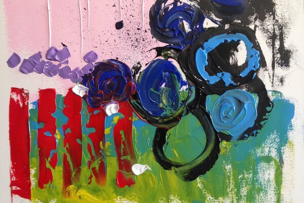 Abstract painting with a red fence and black and blue circles