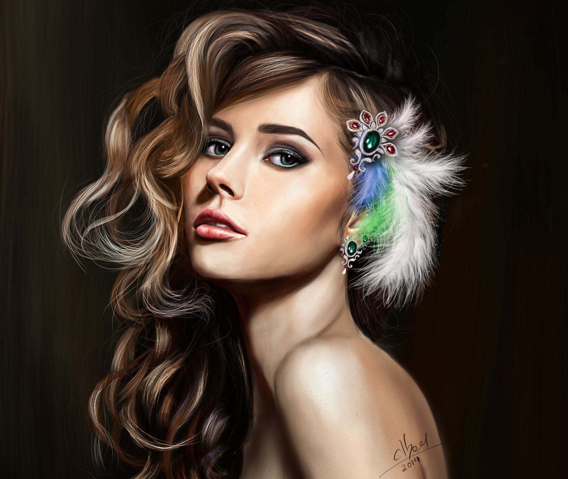 art girl beautiful face view make-up hair locks curls feathers decoration