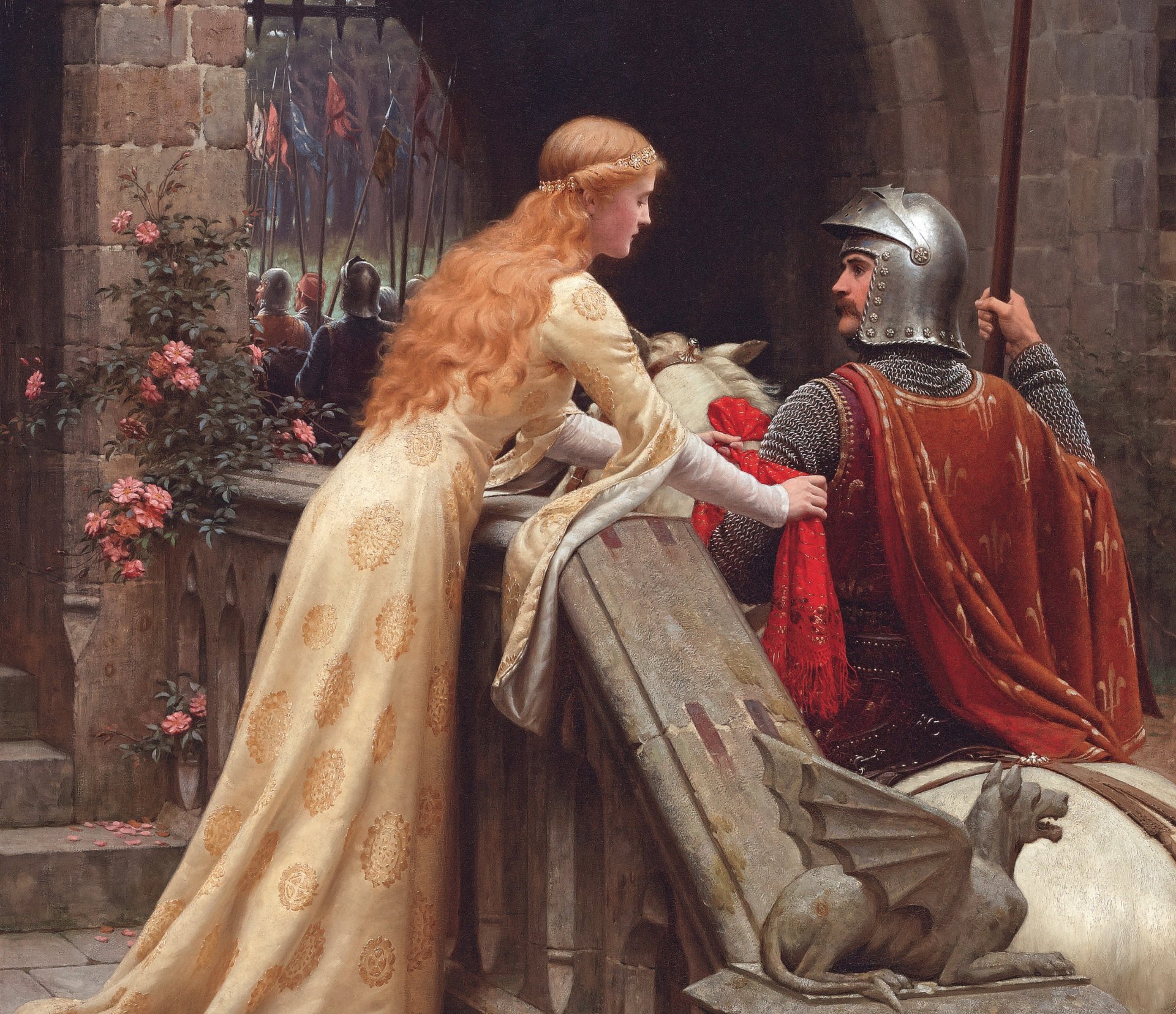 edmund blair leighton angielski malarz romantyzm prerafaelici średniowiecze bóg prędkości szczęśliwej podróży obraz pożegnanie zastle snow maiden dziewczyna rycerz biały koń prerafaelita szczęście