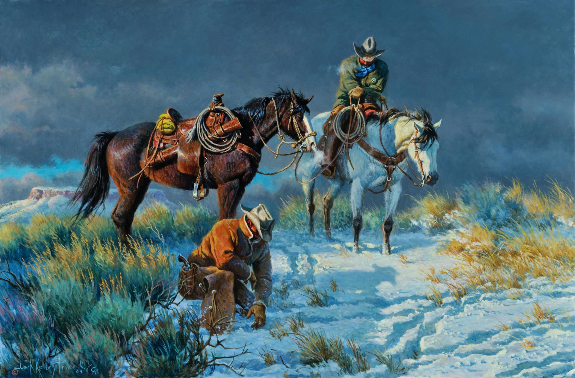 clark kelley price on the rustlers trail pattern traces snow horse cowboy chase sky cloud