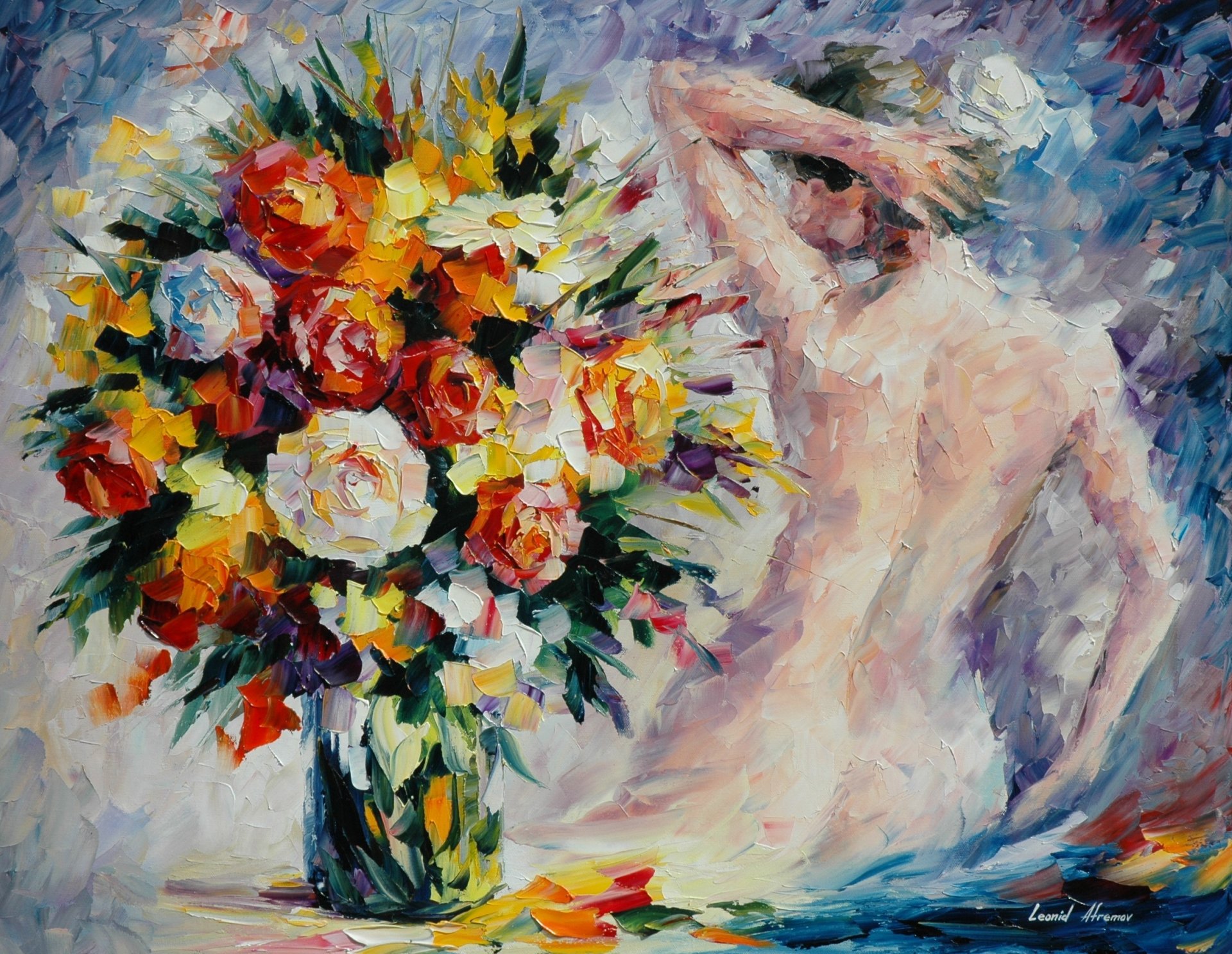 leonid afremov pittura fiori bouquet vaso ragazza schiena mani