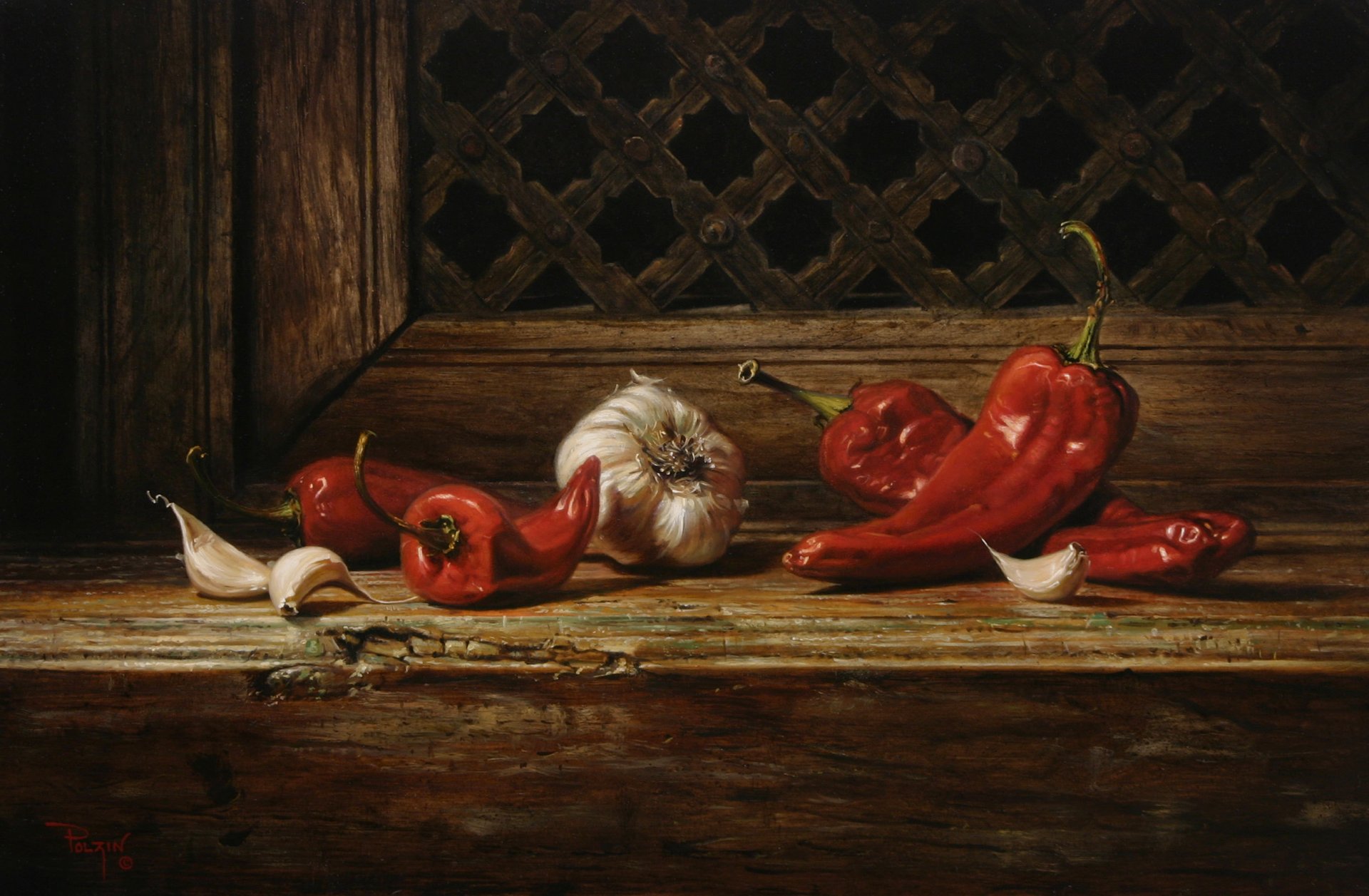 kyle polzin picture pattern reproduction still life table garlic pepper close up