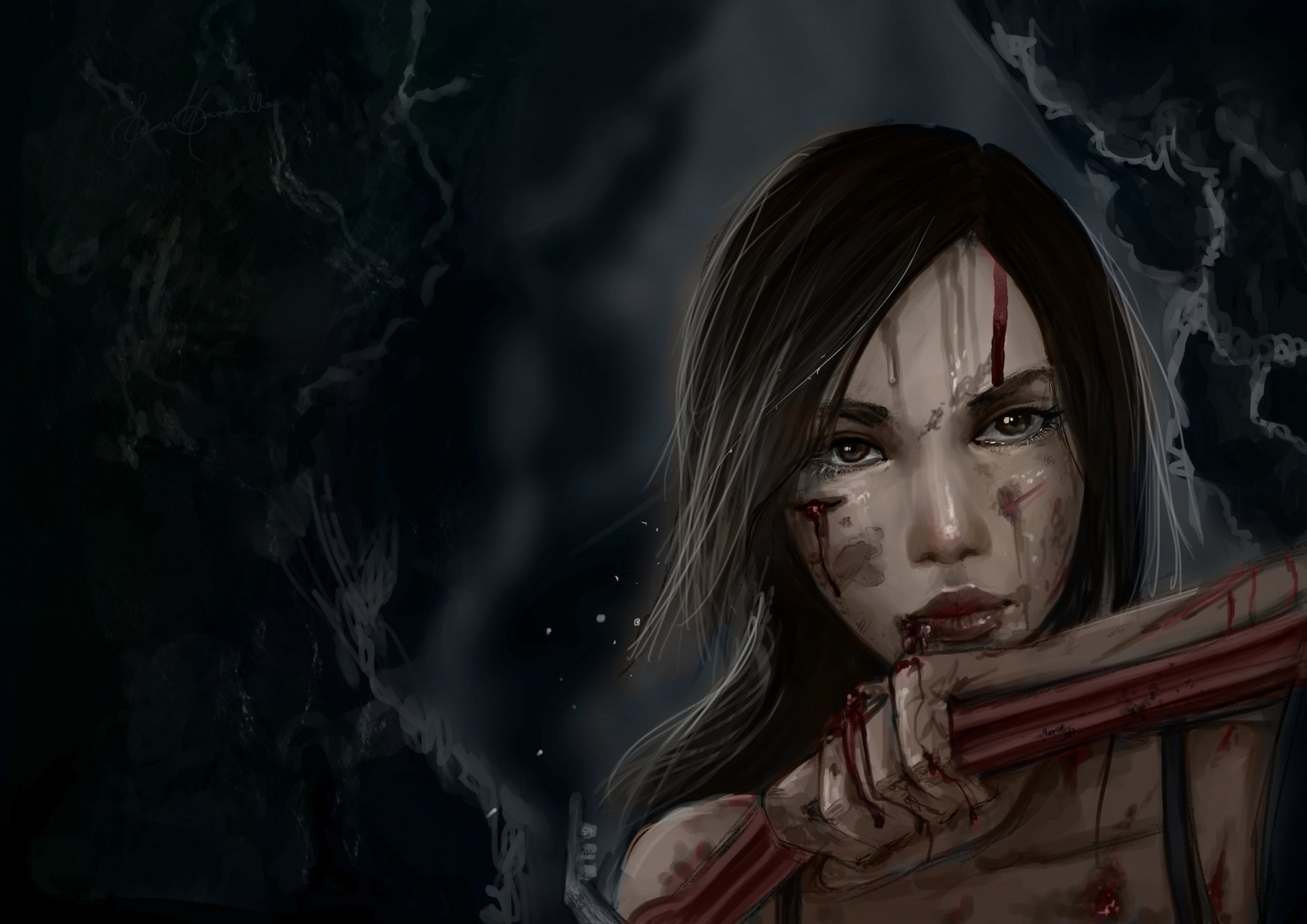 art lara croft girl blood wound face