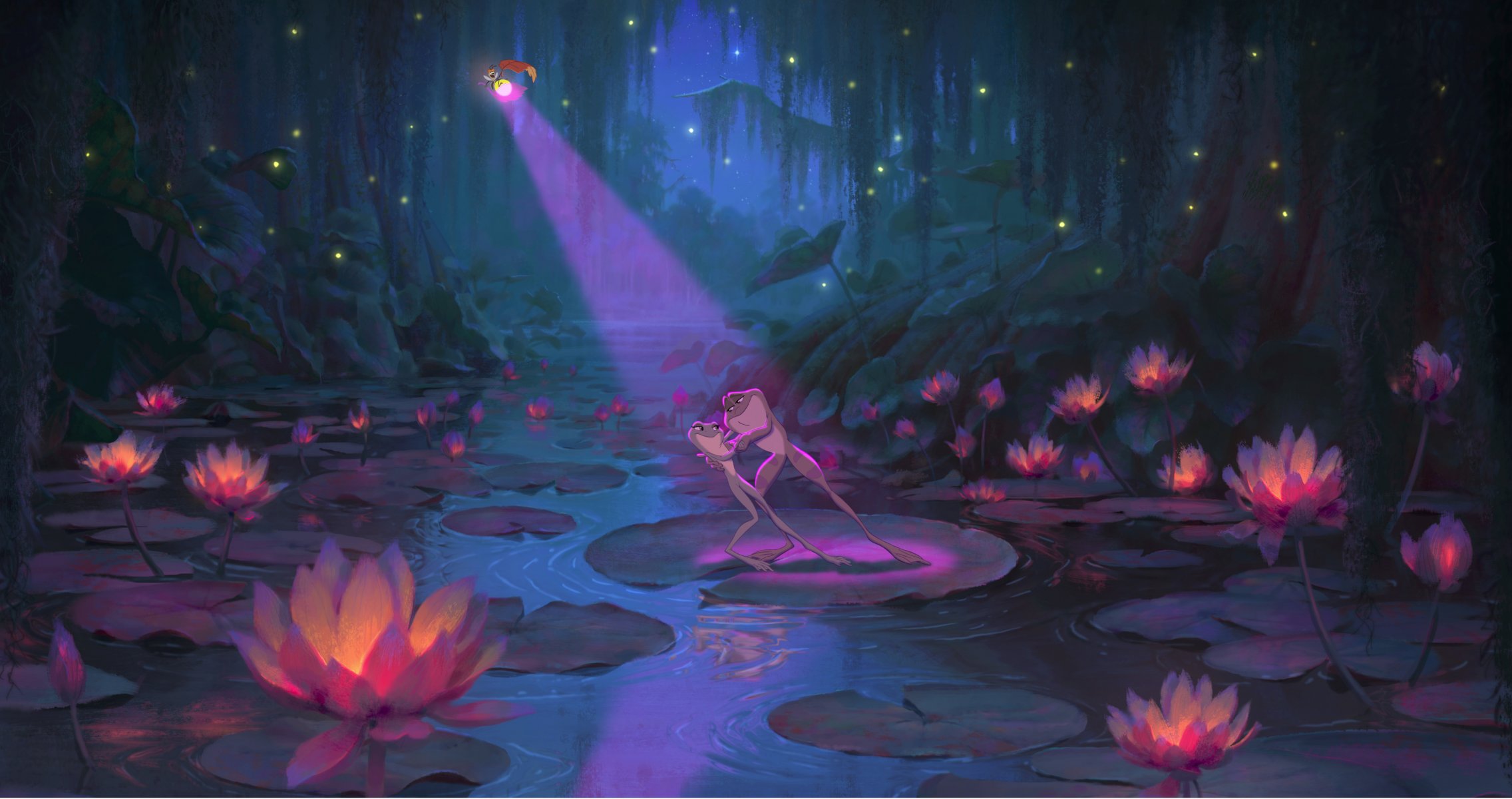 princesse et grenouille grenouille tiana grenouille naveen ray disney nuit lumières lucioles lotus dessin animé