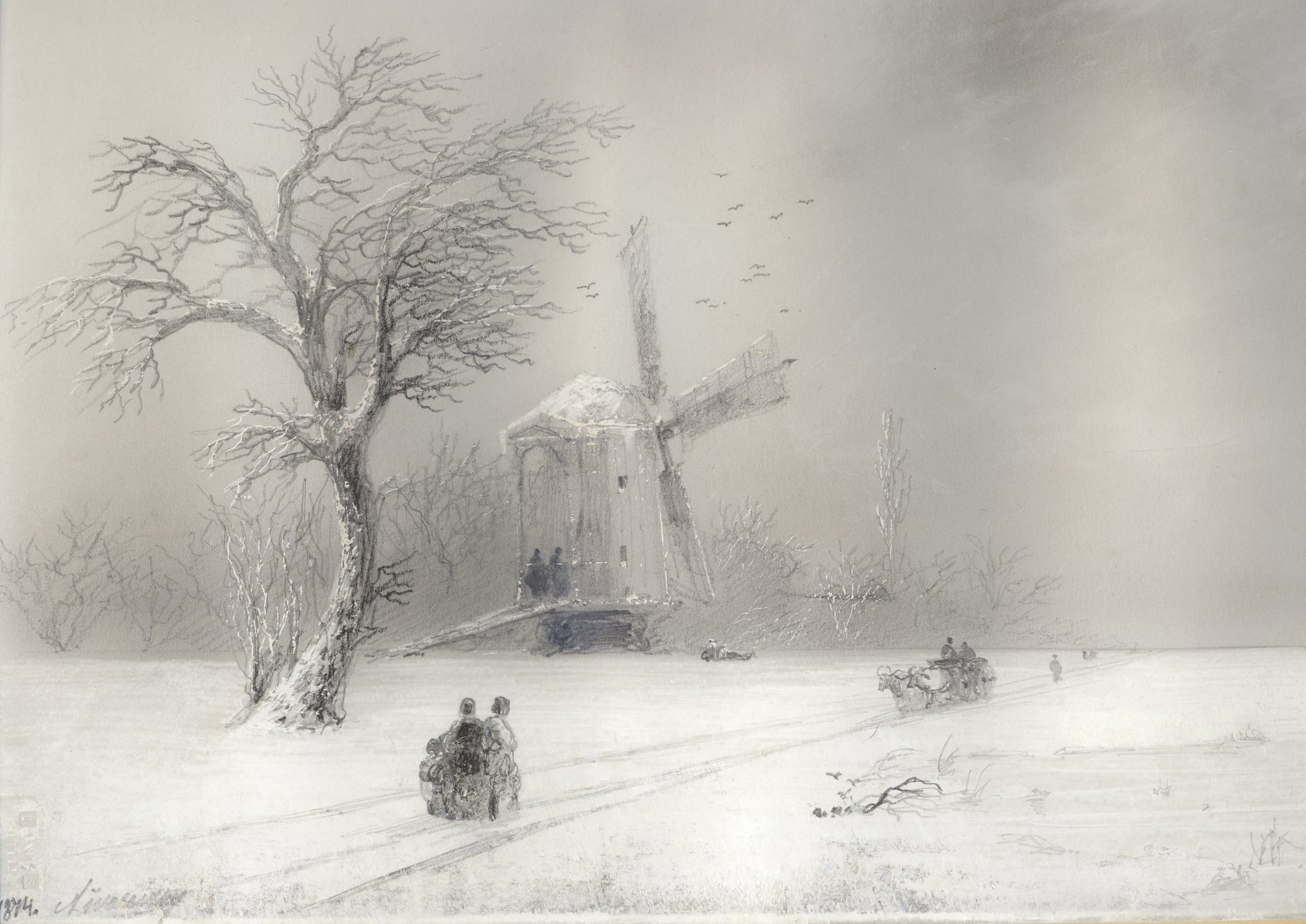 aivazovsky invierno molino tormenta de nieve gente camino trineo pintura