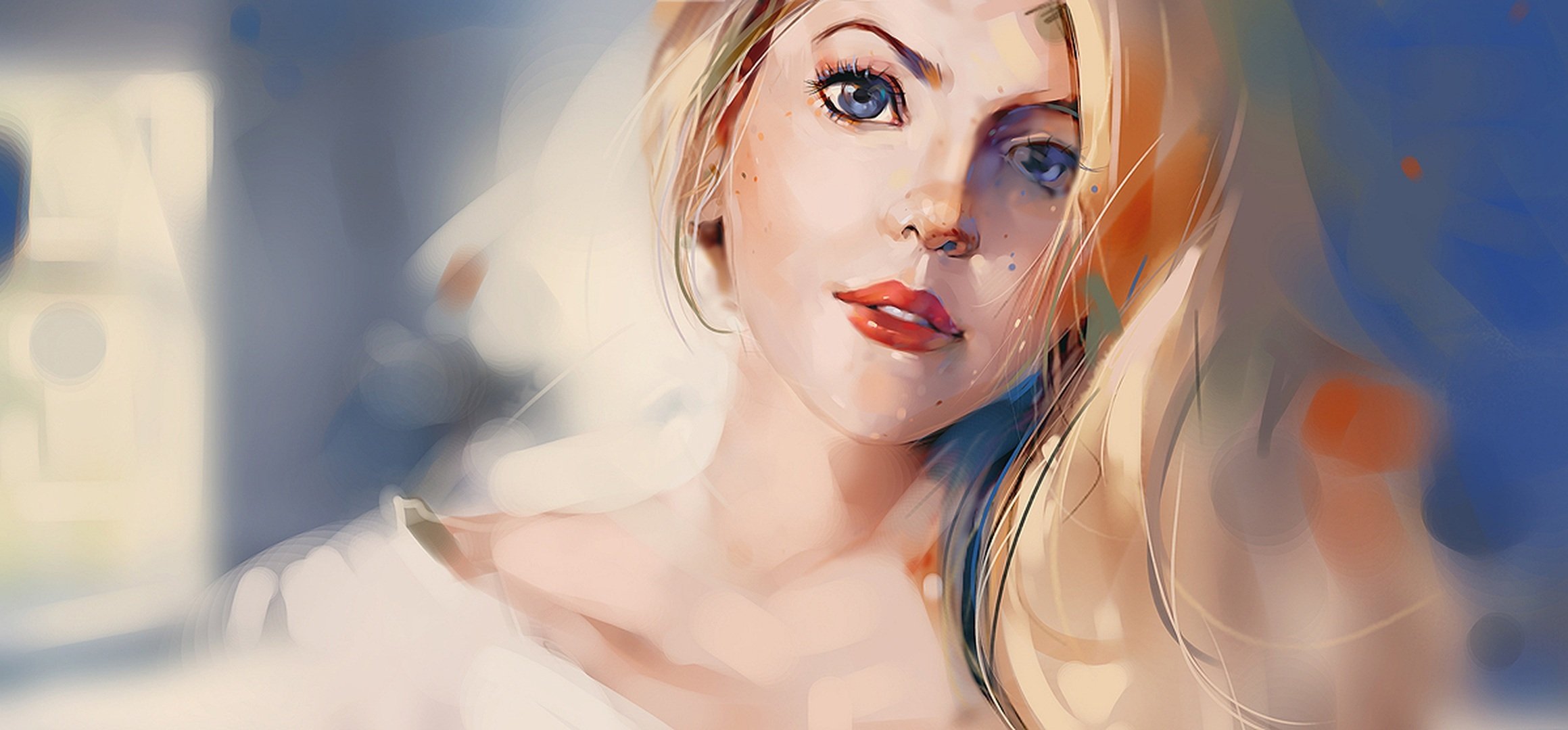 art fille dessinée aux yeux bleus blonde regard