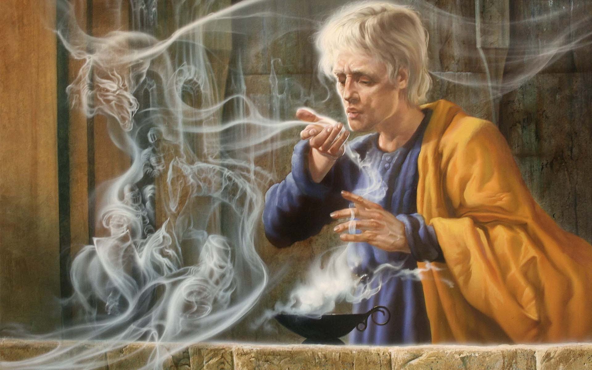 arte hombre brujo magia espíritu dragón lámpara humo