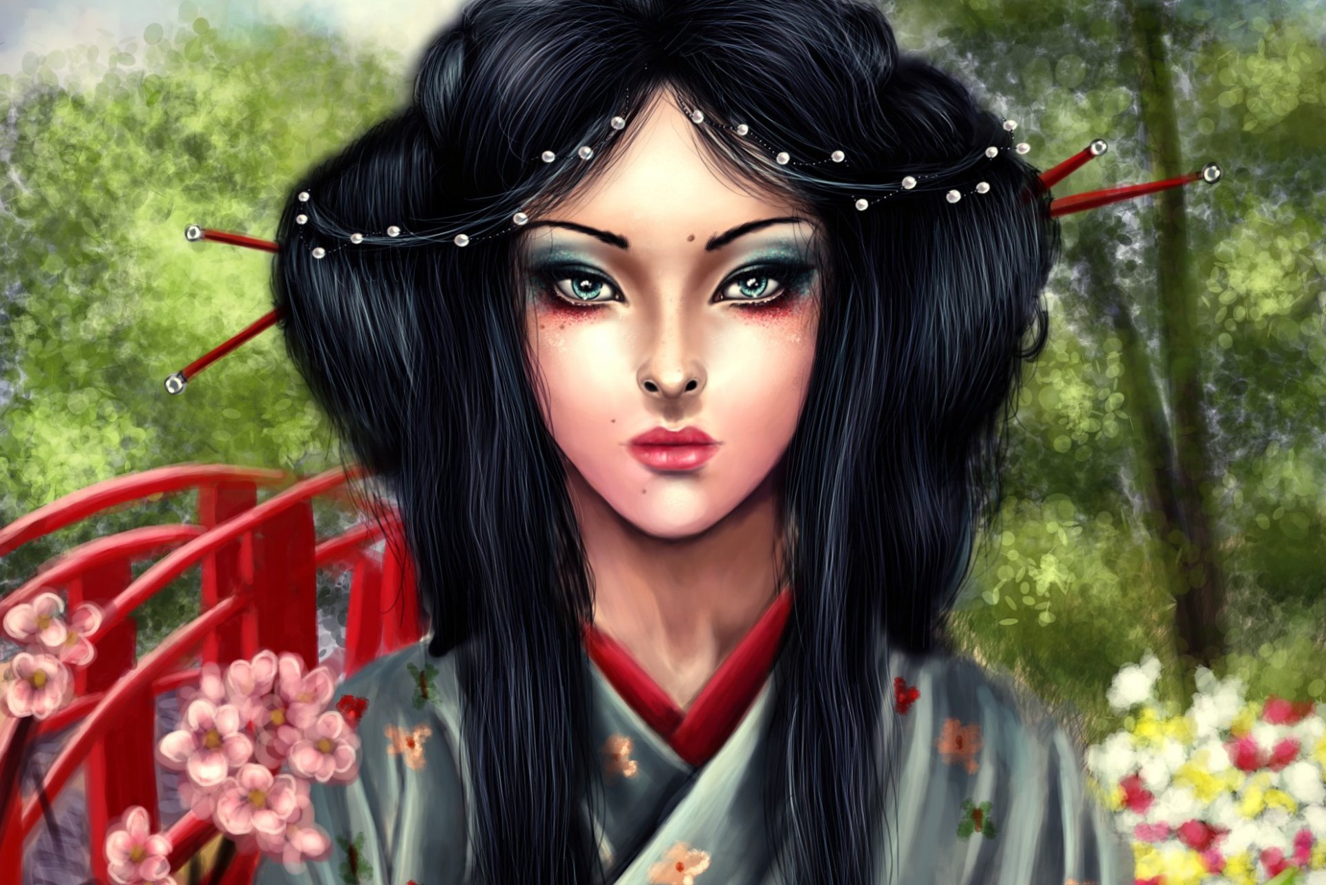 asa mitsuko arte geisha viso trucco look capelli kimono ponte alberi