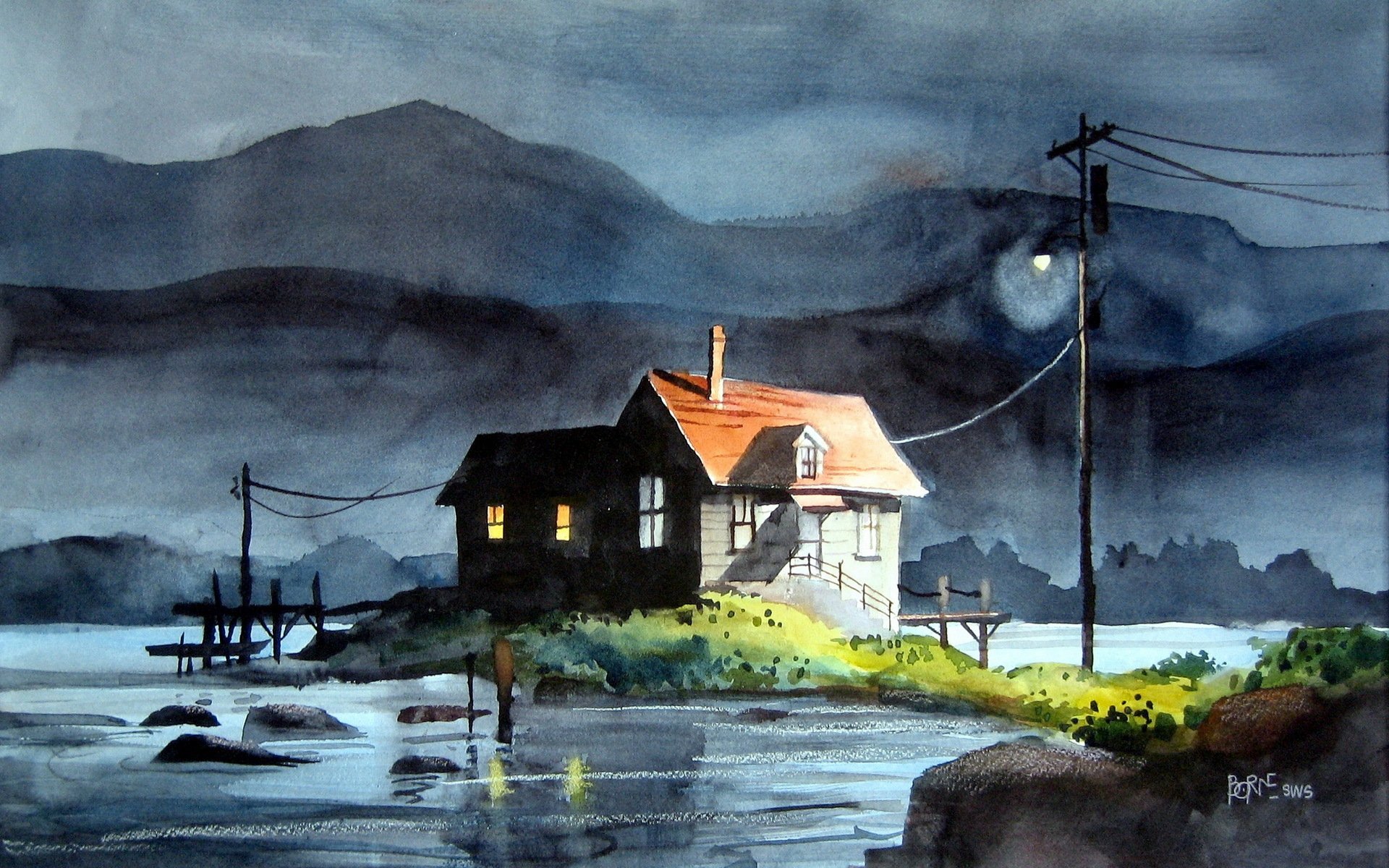 night house watercolor