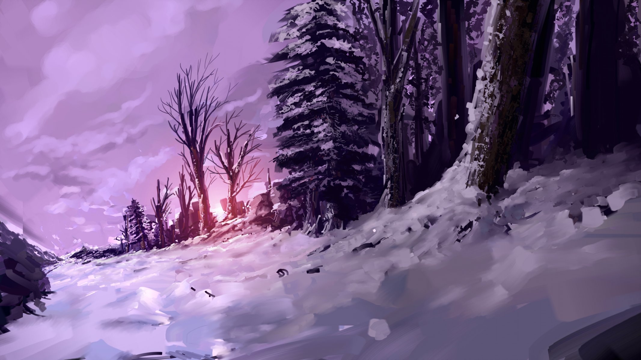 art winter snow forest sunset