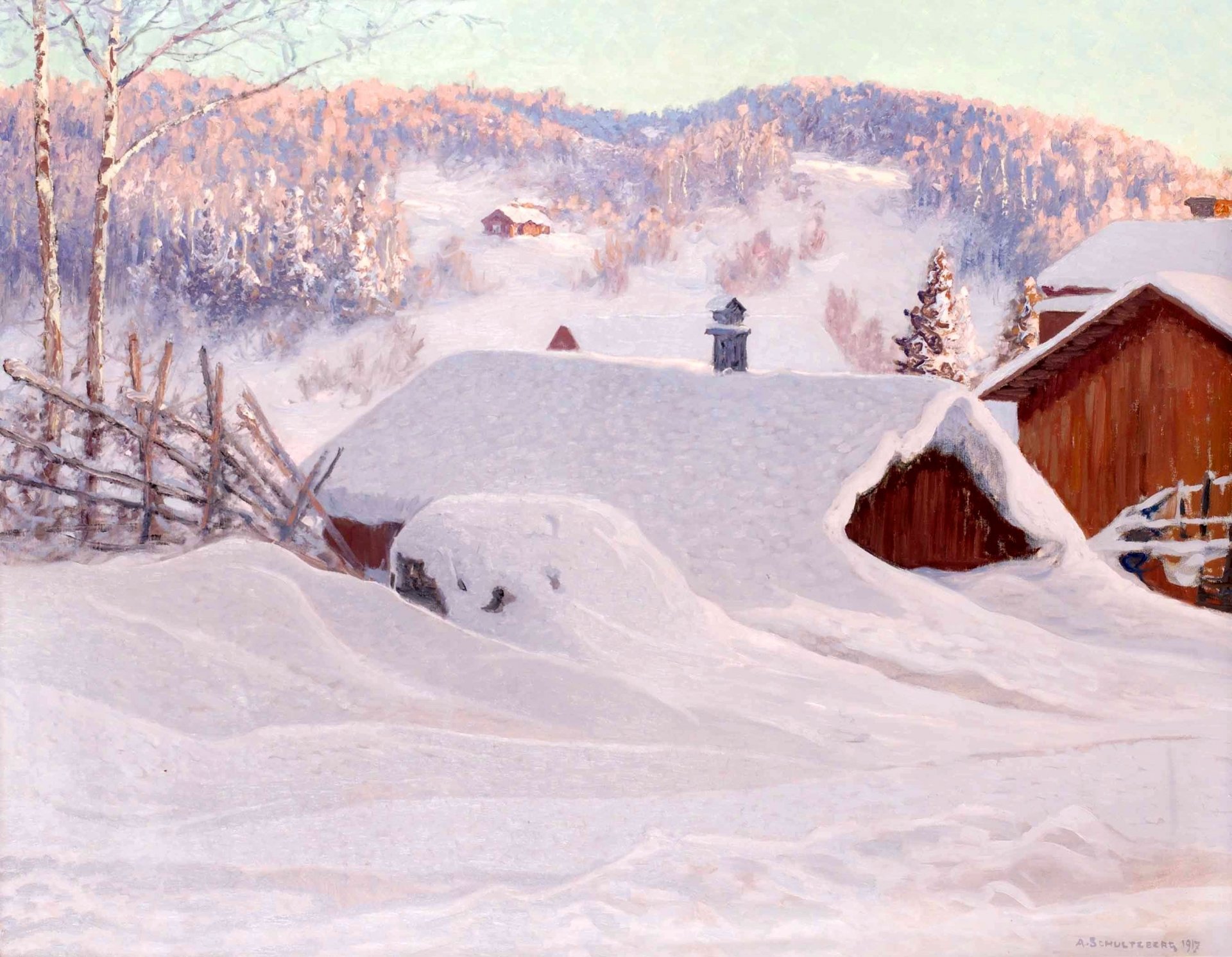 peinture paysage anshelm schulzberg hiver maisons toits congères neige forêt arbres collines