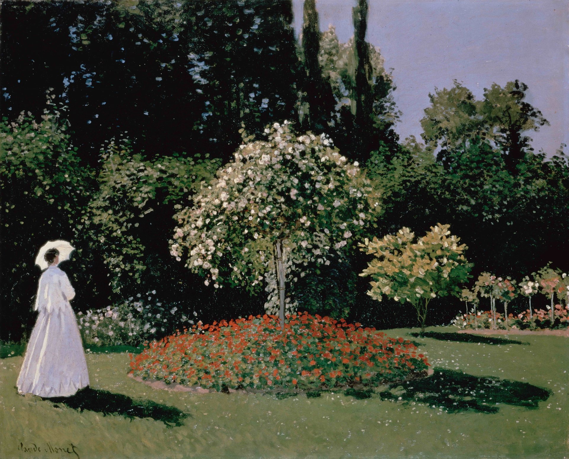 monet claude mujer en el jardín sainte-adress mujer flores vestido verano jardín árboles paraguas sombra cielo naturaleza