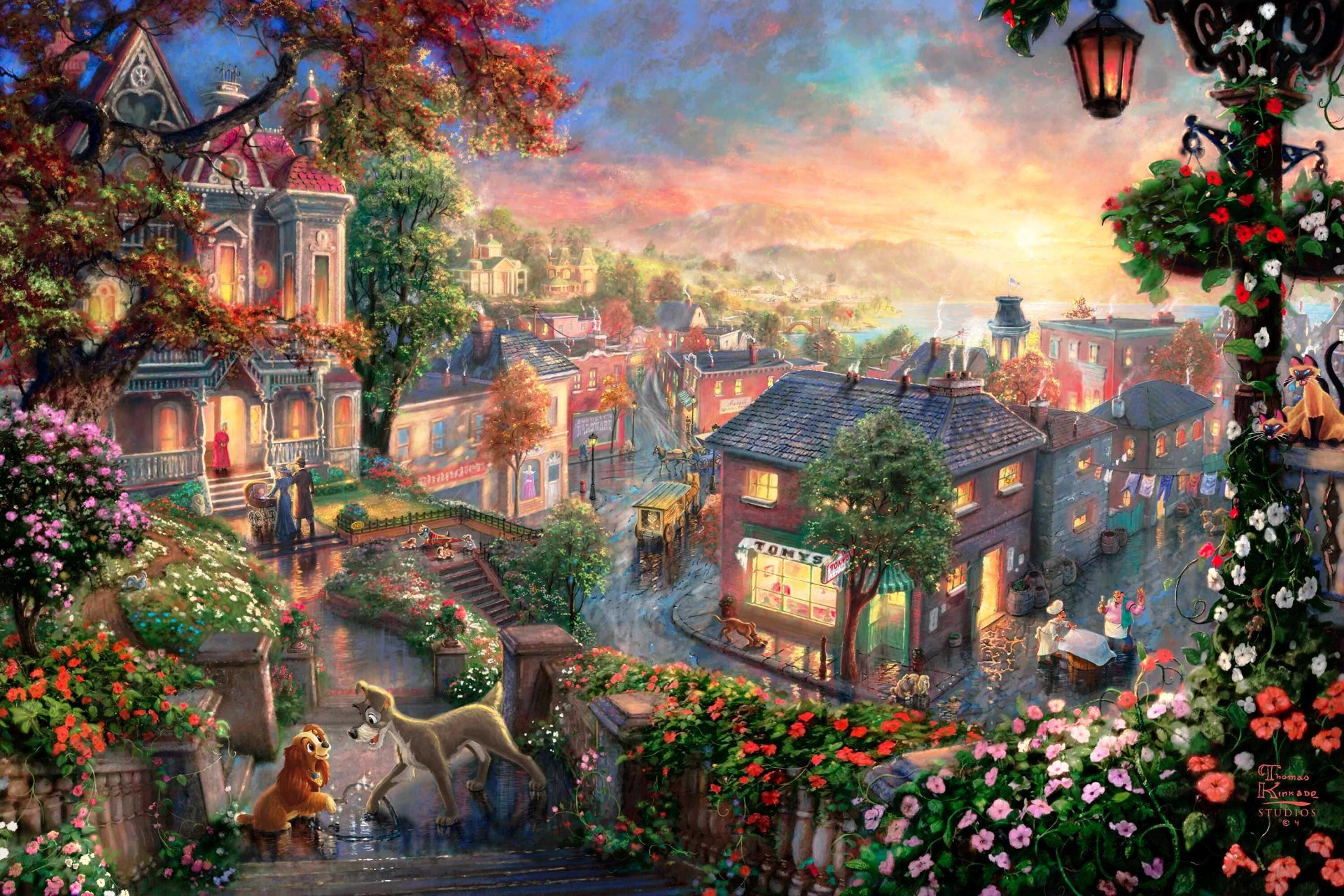 dame et clochard thomas kincaid studios thomas kincaid walt disney peinture dessin animé cocker spaniel dame clochard bâtard victorien ville riche quartier maisons fleurs chats lanterne coucher de soleil coeur amour